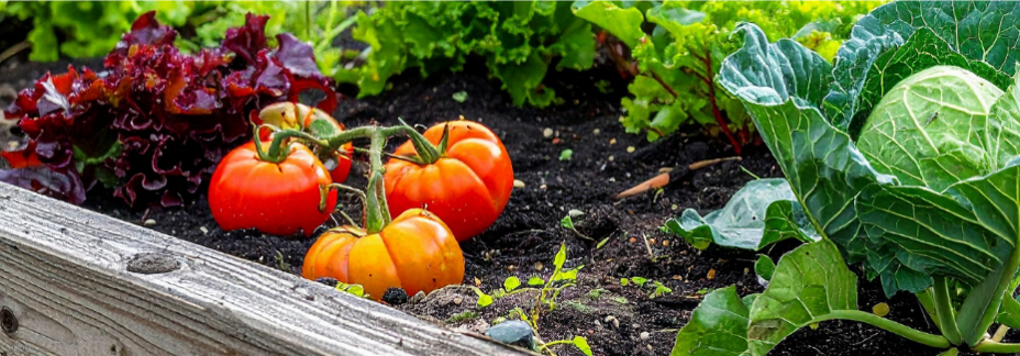 Four tomatoes and a head of cabbage in a garden bed