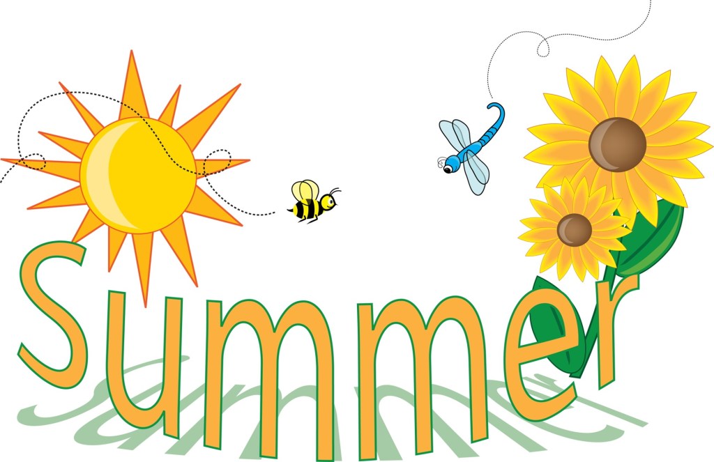 graphic representing summer with sun, bee, dragonfly and sunflowers
