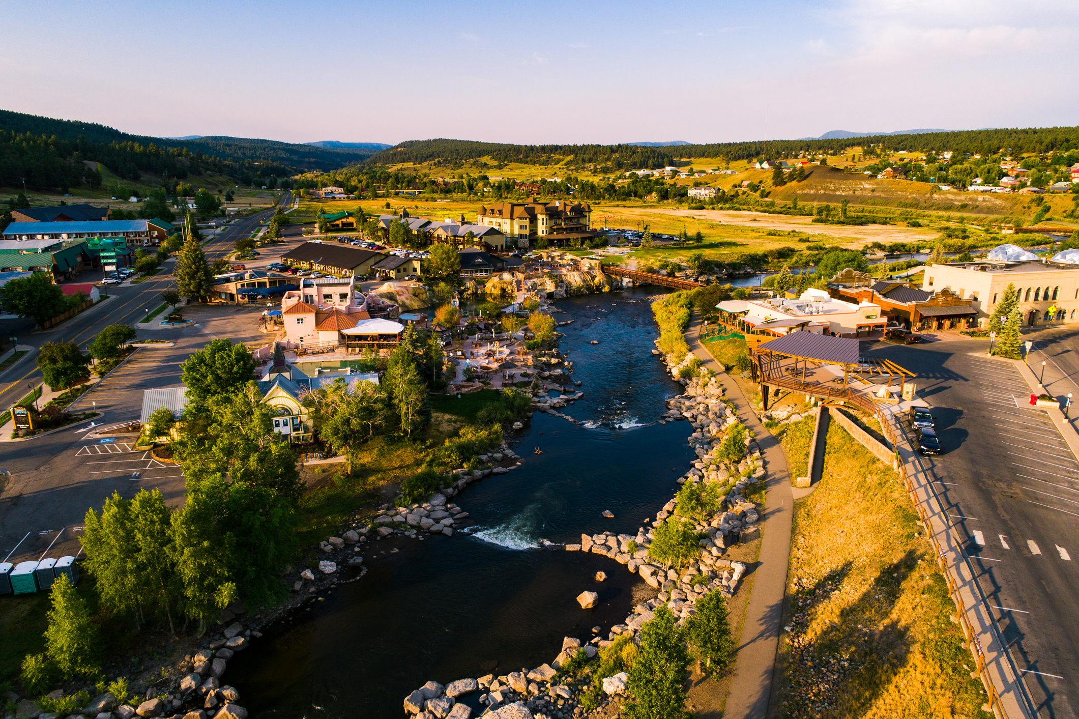 aerial view of a river running through Pagosa Springs, Colorado