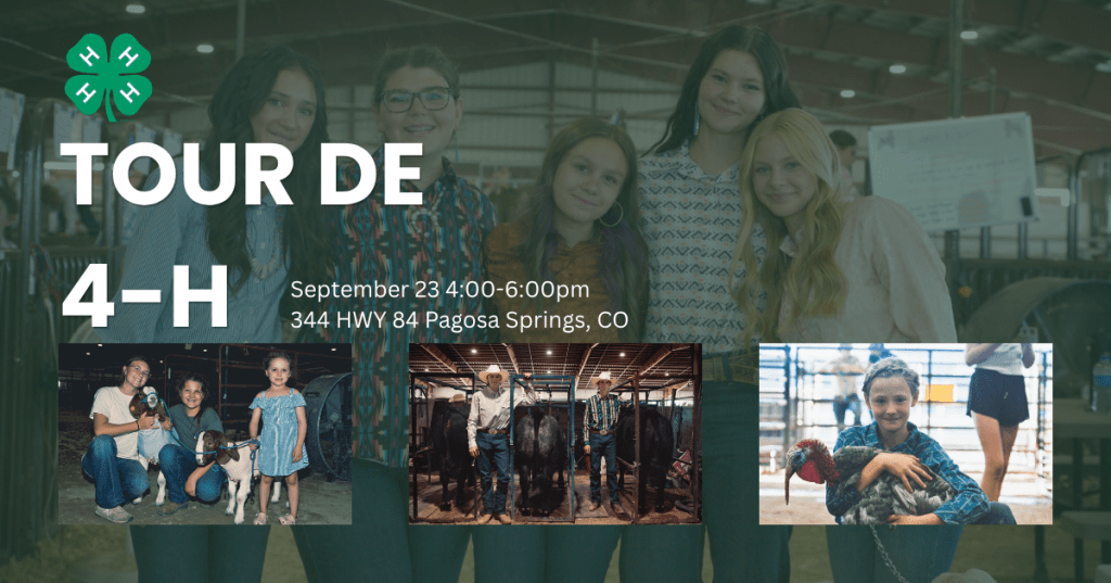 Tour De 4-H September 23 4:00-6:00pm 344 Hwy 84 Pagosa Springs, CO 4-H clover logo Group of youth smiling.  kids holding goats, standing next to cattle in grooming shoots, young person holding a turkey