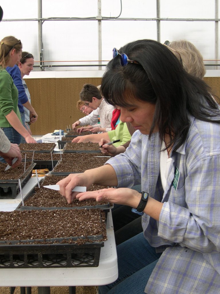 Margie inspecting various bins of soil.