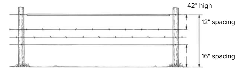 image shows a graphic representation of a fence with a post at each side and lines to represent 42" high at the top, 12" spacing between the top 2 wires, and 16" spacing between the ground and bottom wire