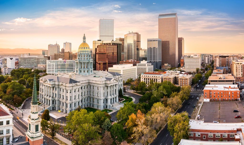 Aerial view of the City of Denver in Denver County, Colorado