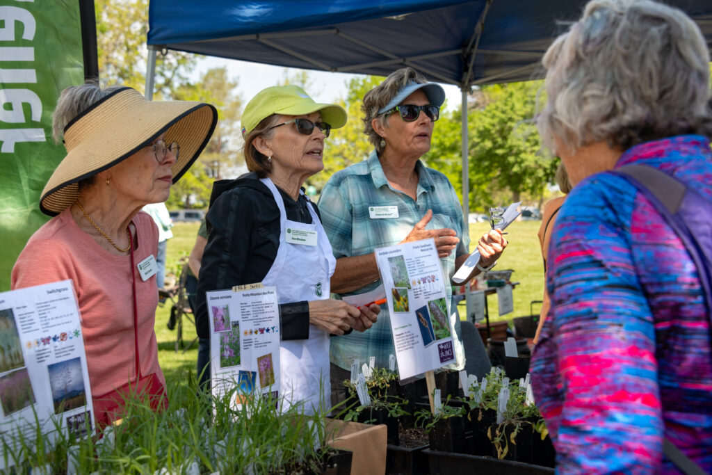 Three Denver Master Gardeners talk with visitors at a plant sale booth under a blue canopy. The women, wearing hats and sunglasses, stand behind a table displaying potted plants and informational signs. A few people stand in front of the booth, listening and looking at the plants.