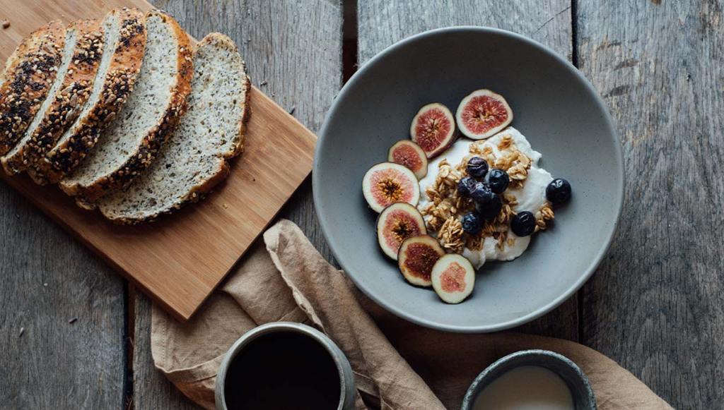 Fresh food and bread on a table