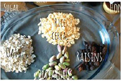 Rice cereal, oats, raisins, pistachios