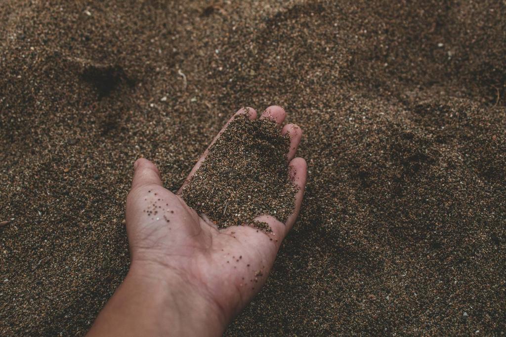 A person's hand holding brown soil