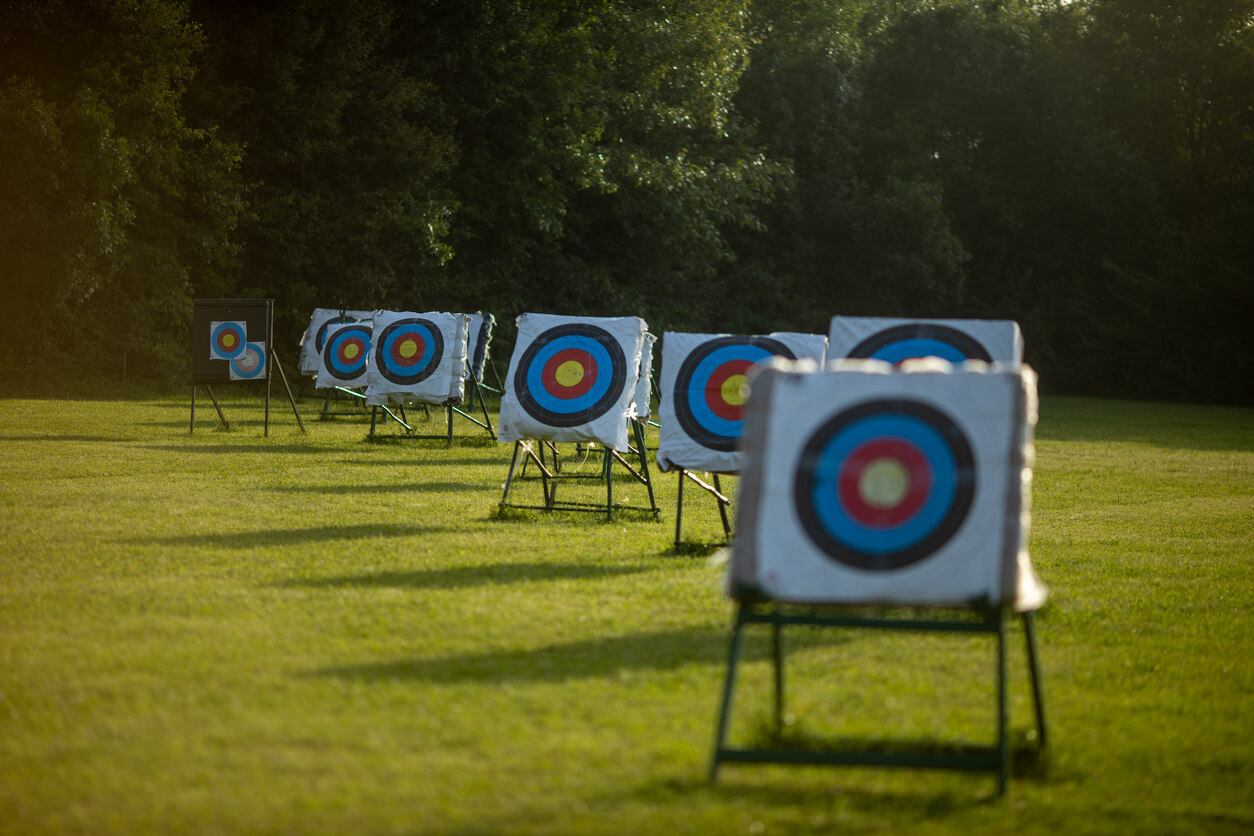 A row of archery targets set up outdoors on a grassy field, each with concentric rings in blue, red, yellow, black, and white, with a tree line in the background.