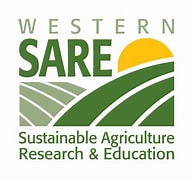 animated image of rows of green following the contours of hilly fields with a yellow circle as the sun rising behind the hills. Western Sustainable Agriculture Research & Education is written on the logo.