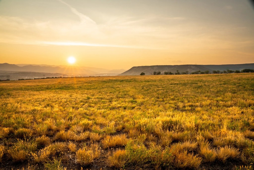 sunset over agriculture field with large butte in the background
