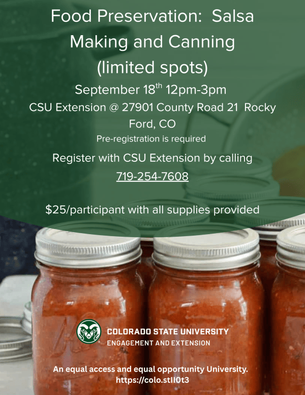 Flyer for food preservation workshop on making and canning salsa. Event details in post.