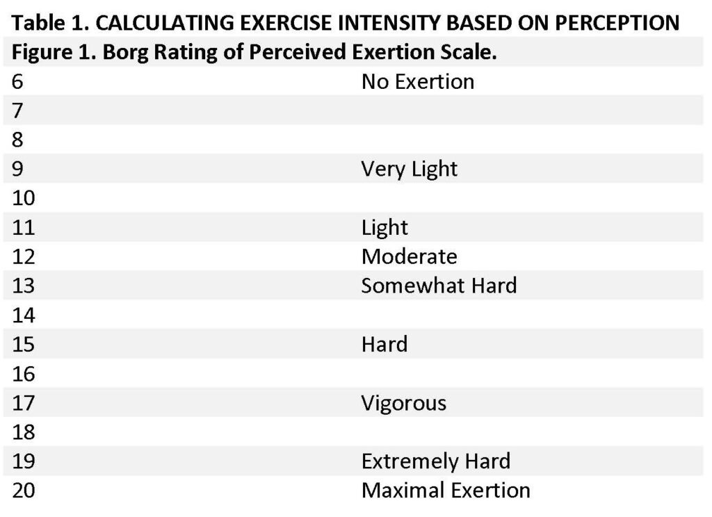 Table 1. Calculating Exercise intensity based on perception
Figure 1. Borg Rating of Perceived Exertion Scale
6-No Exertion
9 - very light
11 - light
12 - moderate
13 - somewhat hard
15 - hard
17 - vigorous 
19 - Extremely hard
20 - Maximal Exertion