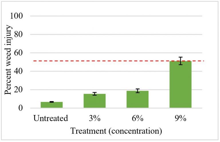 Caprylic/capric acid herbicide led to more weed injury with increasing volumes of product applied; red line indicates the minimum acceptable level of weed injury (>50%), which required a treatment concentration of 9-percent.