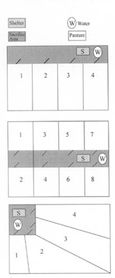 A diagram showing a “sacrifice area” and subdivided  pasture into smaller, more manageable units