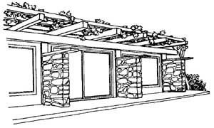 Illustration of a side of a house that uses an arbor to reduce solar radiation effects