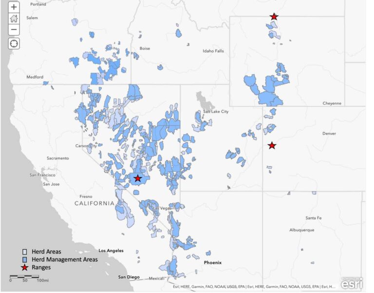 Map featuring the locations of herd areas (HAs), herd management areas (HMAs), and Ranges.