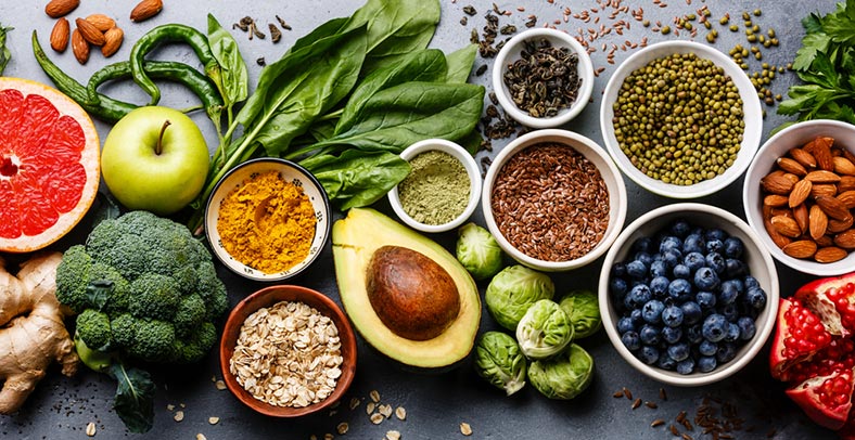 Fruits, vegetables, nuts, and whole grains are part of a heart-healthy diet
