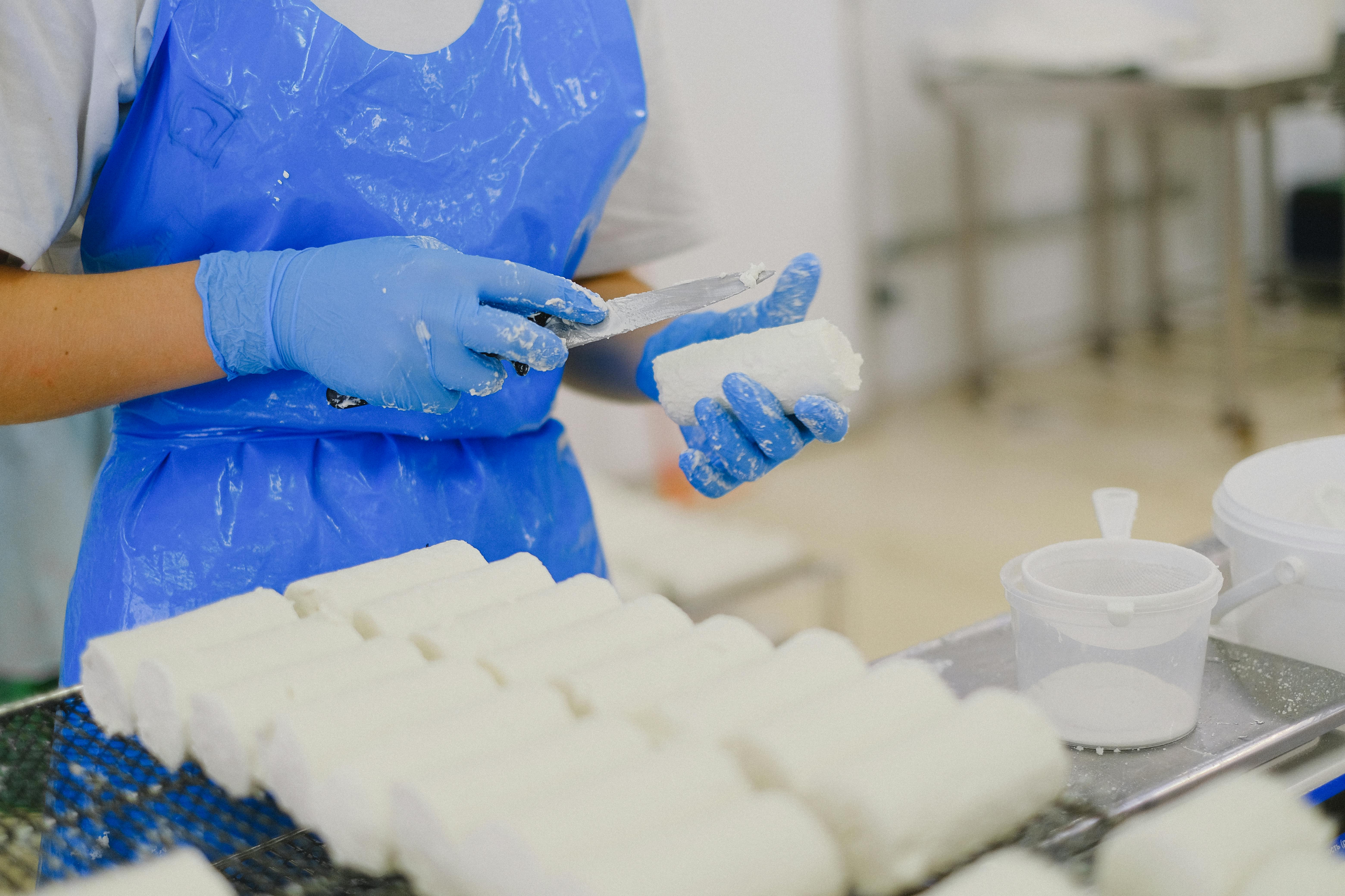 Person in blue apron and gloves shaping cylindrical blocks of fresh white cheese on a stainless steel table in a dairy processing facility.