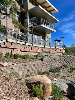 Terraced garden with various plants and rocks in front of a multi-story building with balconies at the Durango Botanical Gardens (May 2022).