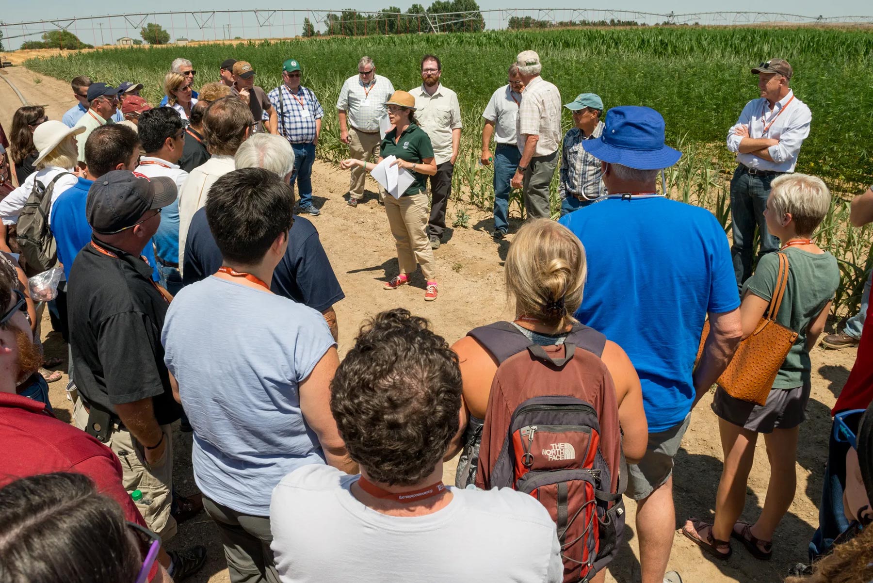 A group of people participate in an in-person class outside near a field of crops