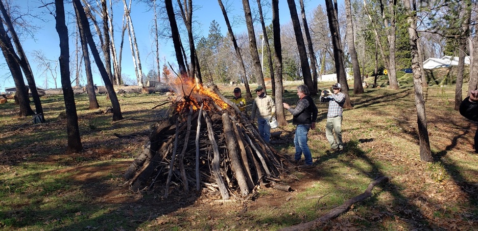 A conservation pile “teepee” with small wood pieces in the center and larger pieces leaning against it. 