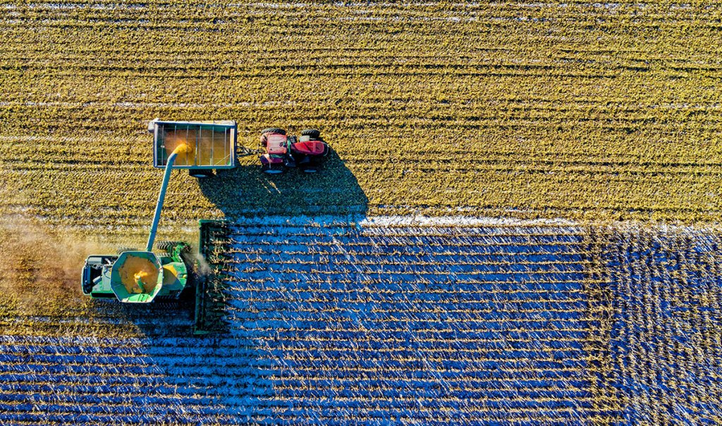 Aerial view of farm equipment and crops
