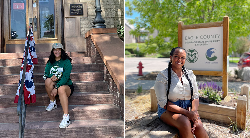 Left image shows Giselle Alpizar-Calixto posing on stairs, smiling, with a long-sleeve CSU short and bucket hat. Right image shows Abi Tekeste sitting on a wooden bench in front of an Eagle County CSU Extension sign with two long braids in her hair.