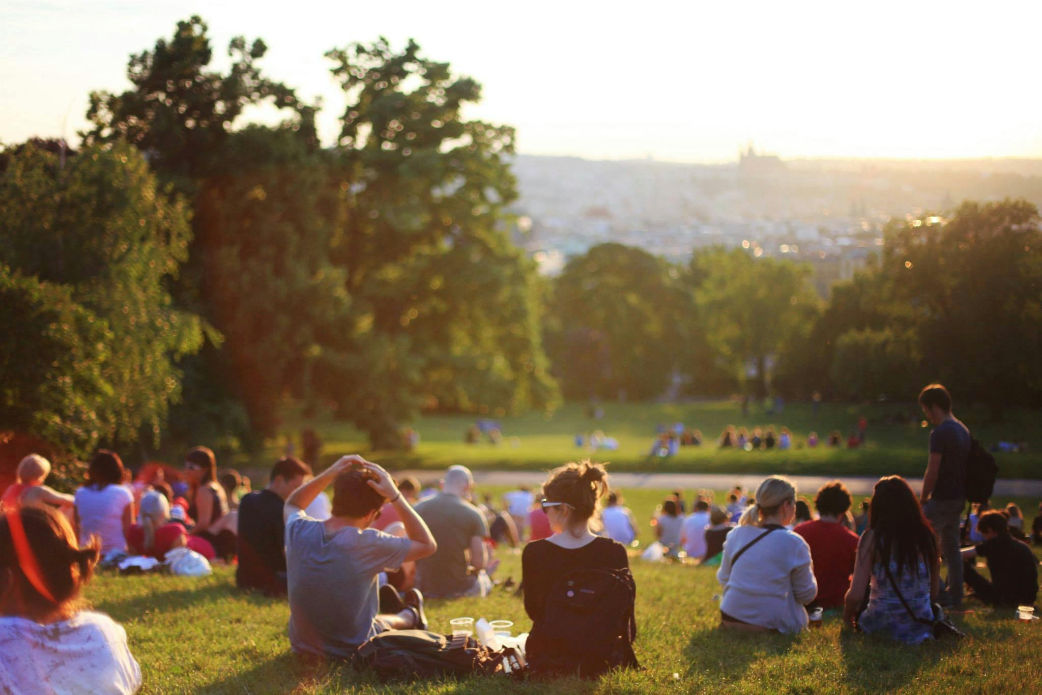 A large group of people relaxing and socializing on a grassy hill in a park, with trees and city views in the background.