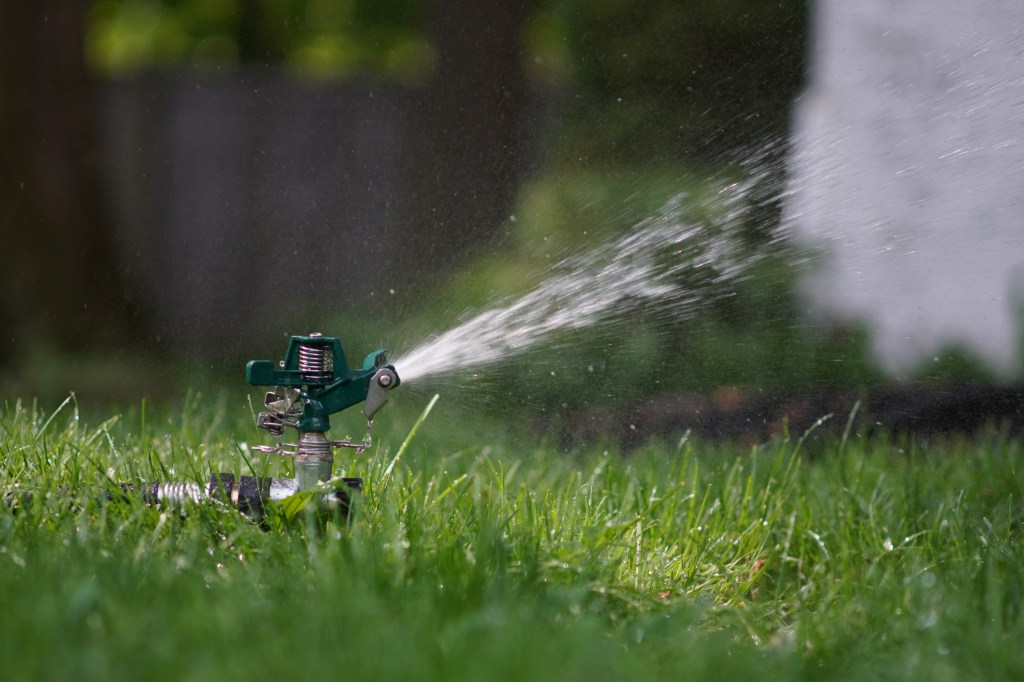 A green lawn sprinkler sprays a strong stream of water across the grass in a backyard setting.