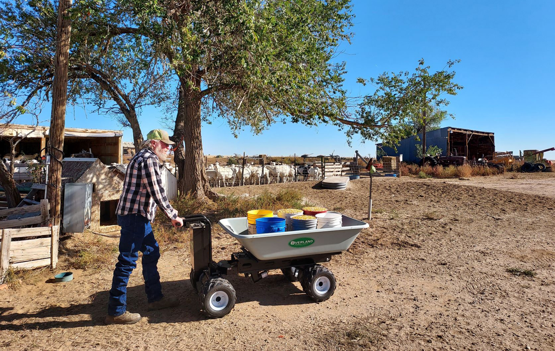 An older man pushes a motorized cart on a farm