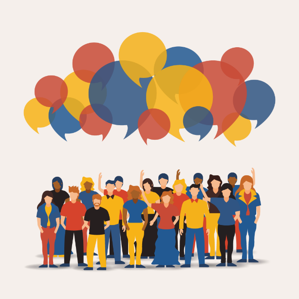 Simple graphic of a group of people with no facial features standing with red, blue, and yellow overlapping speech bubbles over their heads. 