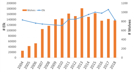 A graph of Montana elk and wolf population sizes. 