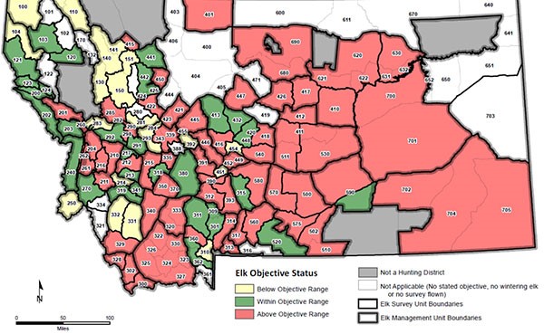 A map showing Montana elk population objectives by hunting district.  Red above objective; Green within objective; Yellow below objective.