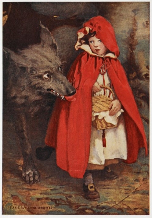 Illustration of Little Red Riding Hood holding a basket with a large wolf standing next to her, its mouth slightly open and tongue out.
