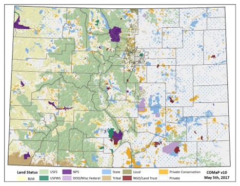 A map of Colorado showing land ownership status.