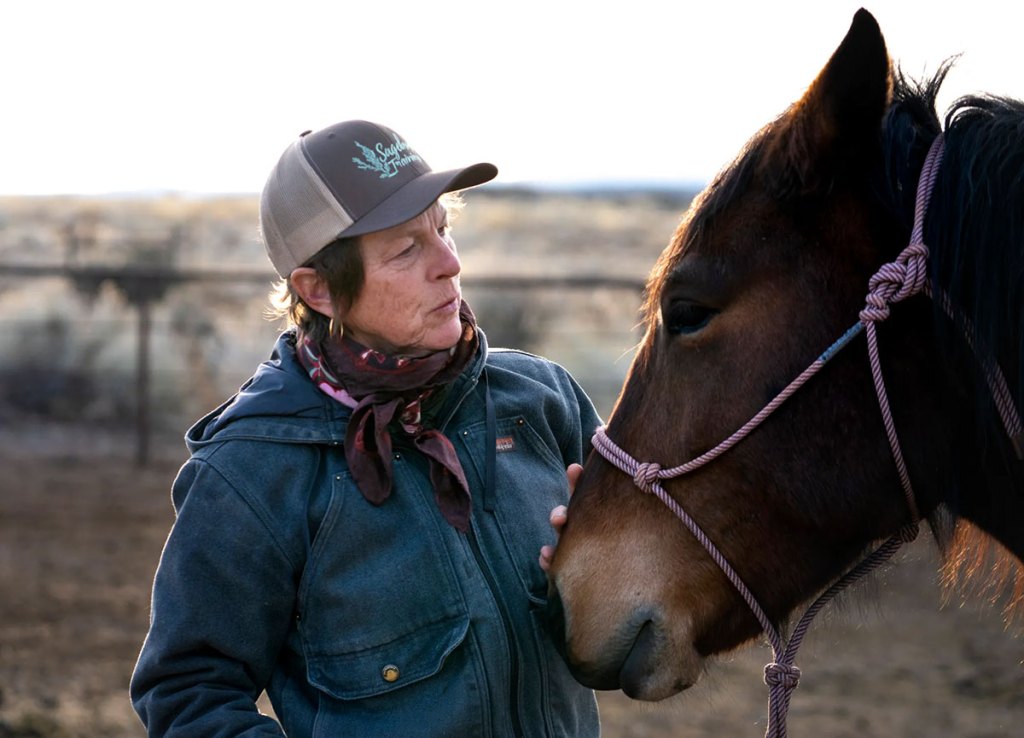 A woman stands close to a young horse with her hand on its nose