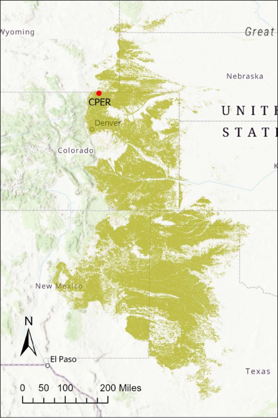 Map of the central United States showing the distribution of a highlighted region across eastern Colorado, Wyoming, Nebraska, Kansas, New Mexico, and Texas, with a red point marking CPER near Denver.