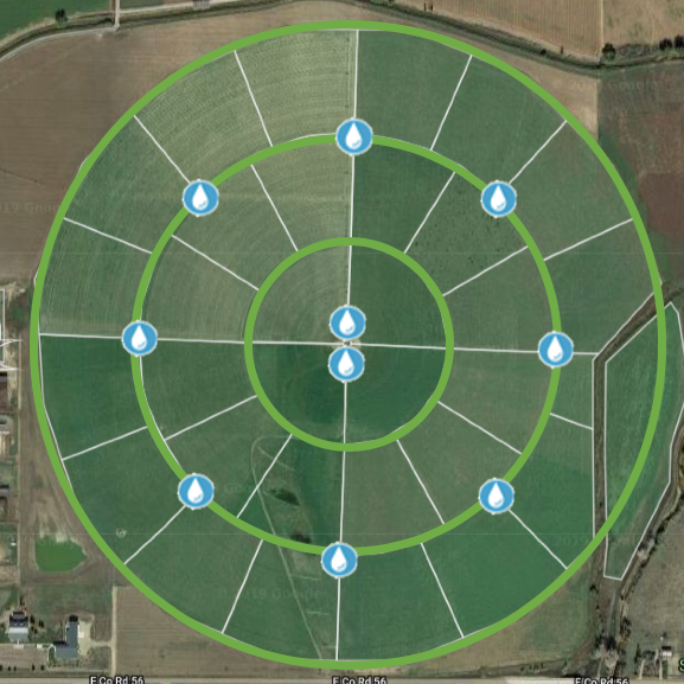 Overhead view of a circular irrigated crop field divided into wedge-shaped sections with icons representing water distribution points, showing irrigation coverage across the field.