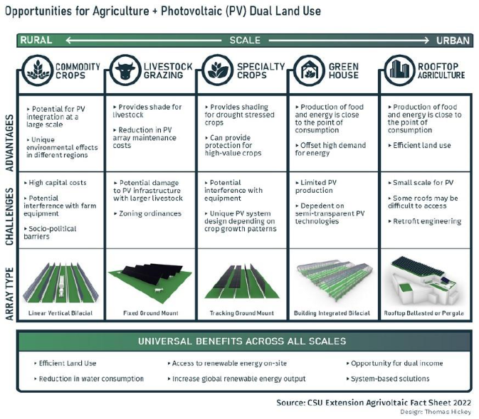 Infographic titled “Opportunities for Agriculture + Photovoltaic (PV) Dual Land Use.” Compares five uses—commodity crops, livestock grazing, specialty crops, greenhouse, and rooftop agriculture—across advantages, challenges, and array type, showing benefits like land efficiency, energy generation, and crop shading as well as challenges like costs and zoning. Includes icons and illustrations of panel configurations and a footer listing universal benefits across all scales.