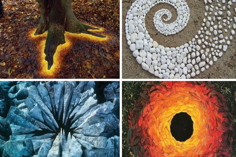 Collage of four nature art designs: glowing yellow material around tree roots, a spiral made of white stones, jagged blue-gray rock formation arranged in a circular pattern, and a fiery red-orange ring made of leaves.