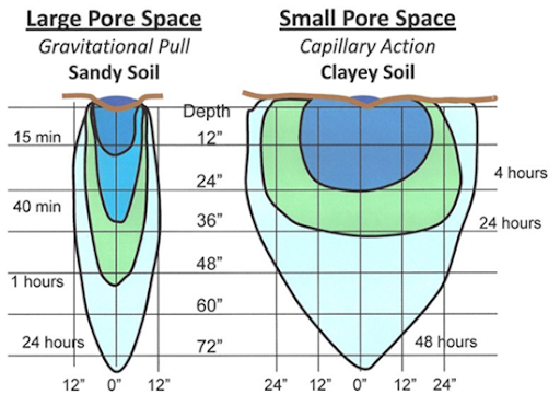 Visual representation of the information presented in table 3, with overlapping ovoid shapes indicating spread and depth of water after elapsed time on a grid representing the soil profile.