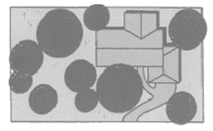 A plan-view of a home on a residential lot.  The home and garage are shown as rectangles, a driveway and sidewalk are drawn as curving line, and ten trees are shown as circles of various size, placed throughout the diagram.