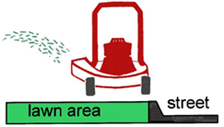 Drawing of lawnmower at edge of street. Clippings are being blown onto the lawn area, rather than into the street.