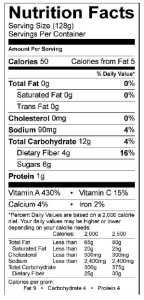Nutrition facts for 128g of carrots: 50 calories, 90mg of sodium, 12g of carbohydrates, 1g of protein