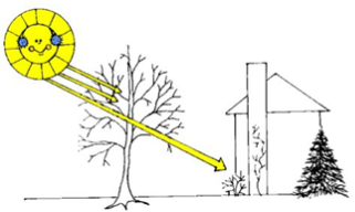 Drawing of a home with a tree on the south side next to it. The sun is blocked partially by the tree, causing some loss of heating potential in winter. 