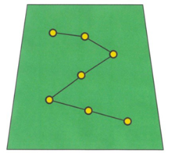A diagram of a green lawn with seven evenly spaced, randomly selected soil sample sites indicated with yellow dots.