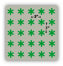 A square diagram in plan view of a block bed of carrots.  25 green stars, representing carrot plants, are arranged in a 5x5 grid, with arrows indicating that 3 inches of space is around each plant in all directions.