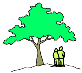 Drawing of two people standing underneath a tree on a hill.