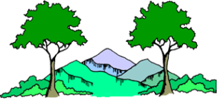 Drawing of two trees framing a view of mountains inbetween them.
