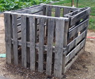 A cube-shaped compost bin approximately four feet on each side that has been constructed with four shipping pallets. The top of the cube is open to allow additions to be made to the pile.